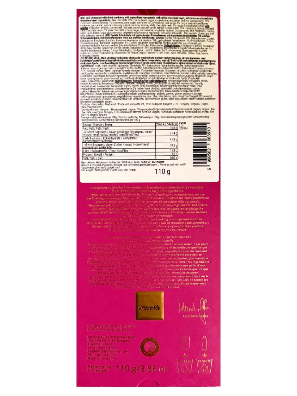 Best chocome - Dark chocolate with dried cranberries, crystallised rose petals, white chocolate heart and bronze-coloured dark chocolate heart