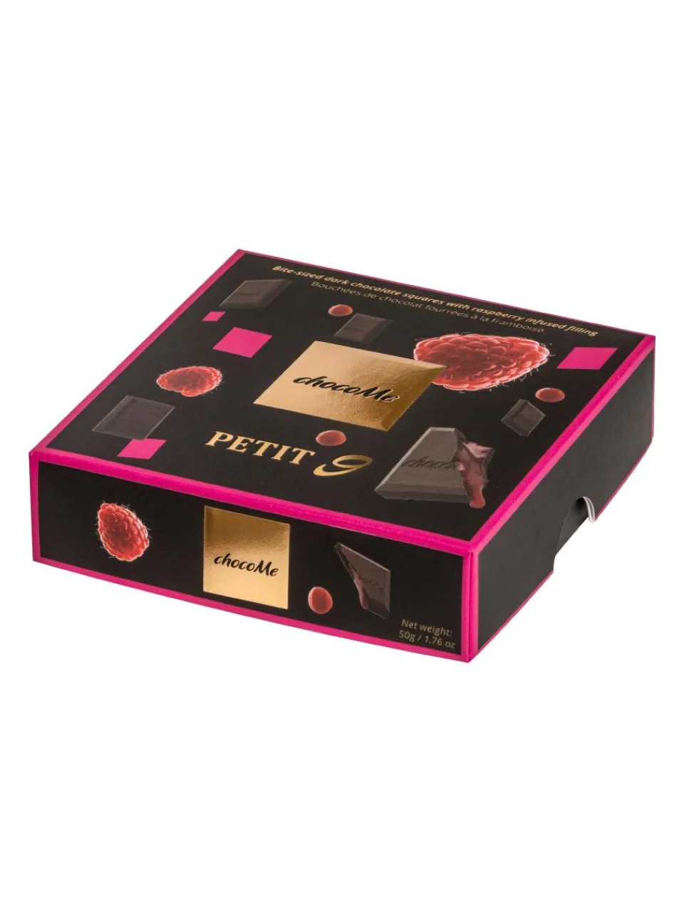 New chocome Petit 9 - Bite-sized dark chocolate squares with raspberry infused filling