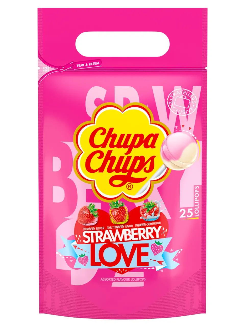 Hot chupa-chups Chupa Chups lollipops with the flavours of strawberry, strawberry-cream & sour strawberry.