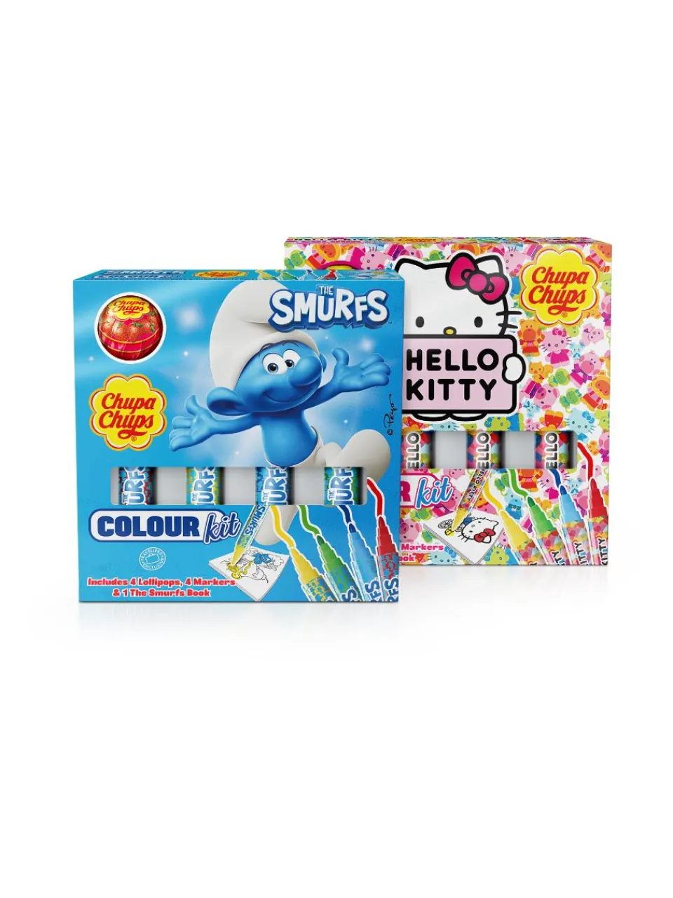 Best chupa-chups Chupa Chups set with 4 strawberry lollies, 4 marker pens and 1 colouring book - Smurfs or Hello Kitty