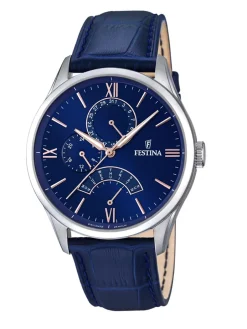 New festina , Retro, men's watch, dial: blue, case: stainless steel, strap: leather/blue