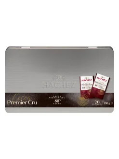 Discount hachez Cocoa Premier Cru 10x150g are superior dark chocolate miniature bars with 88% cocoa content in an elegant metal tin.